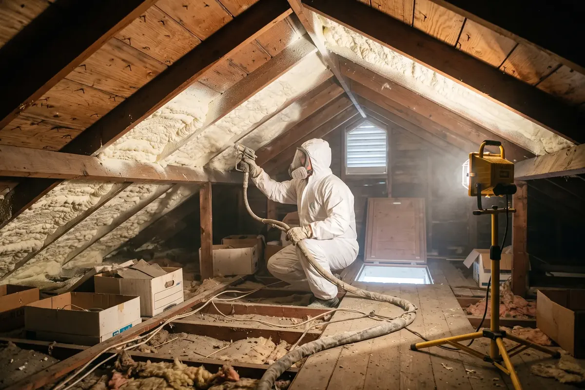 Installer spraying foam insulation on an attic roof deck in Metairie, Louisiana
